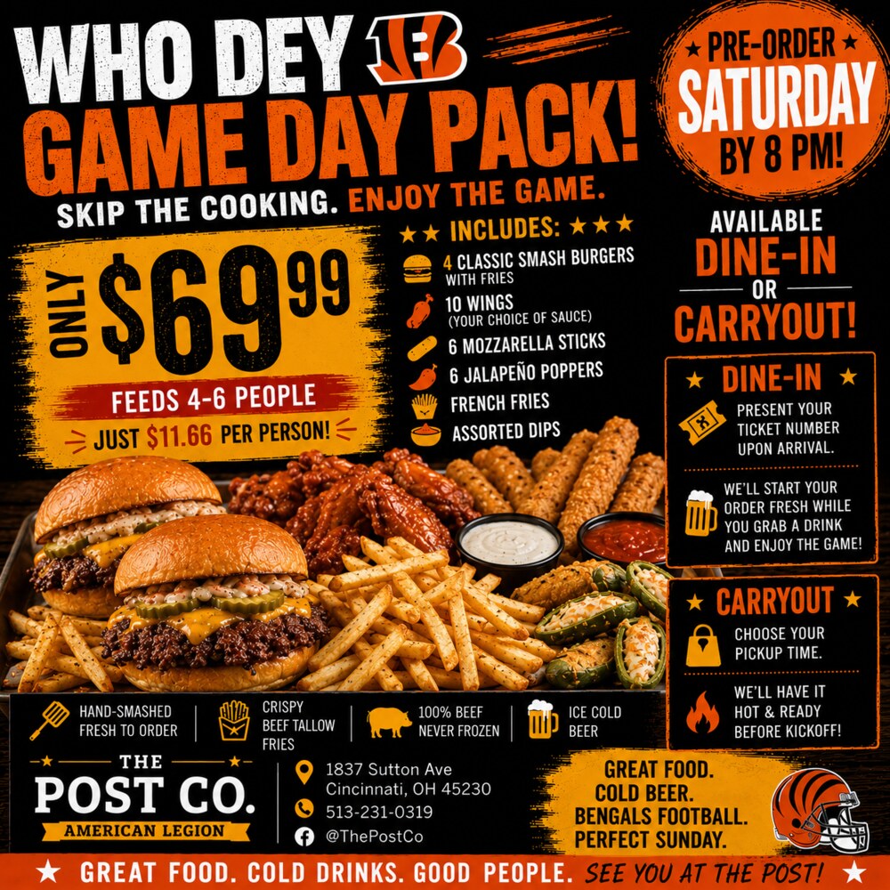 Game Day Pack for 4 to 6 people with burgers, fries, wings, and appetizers