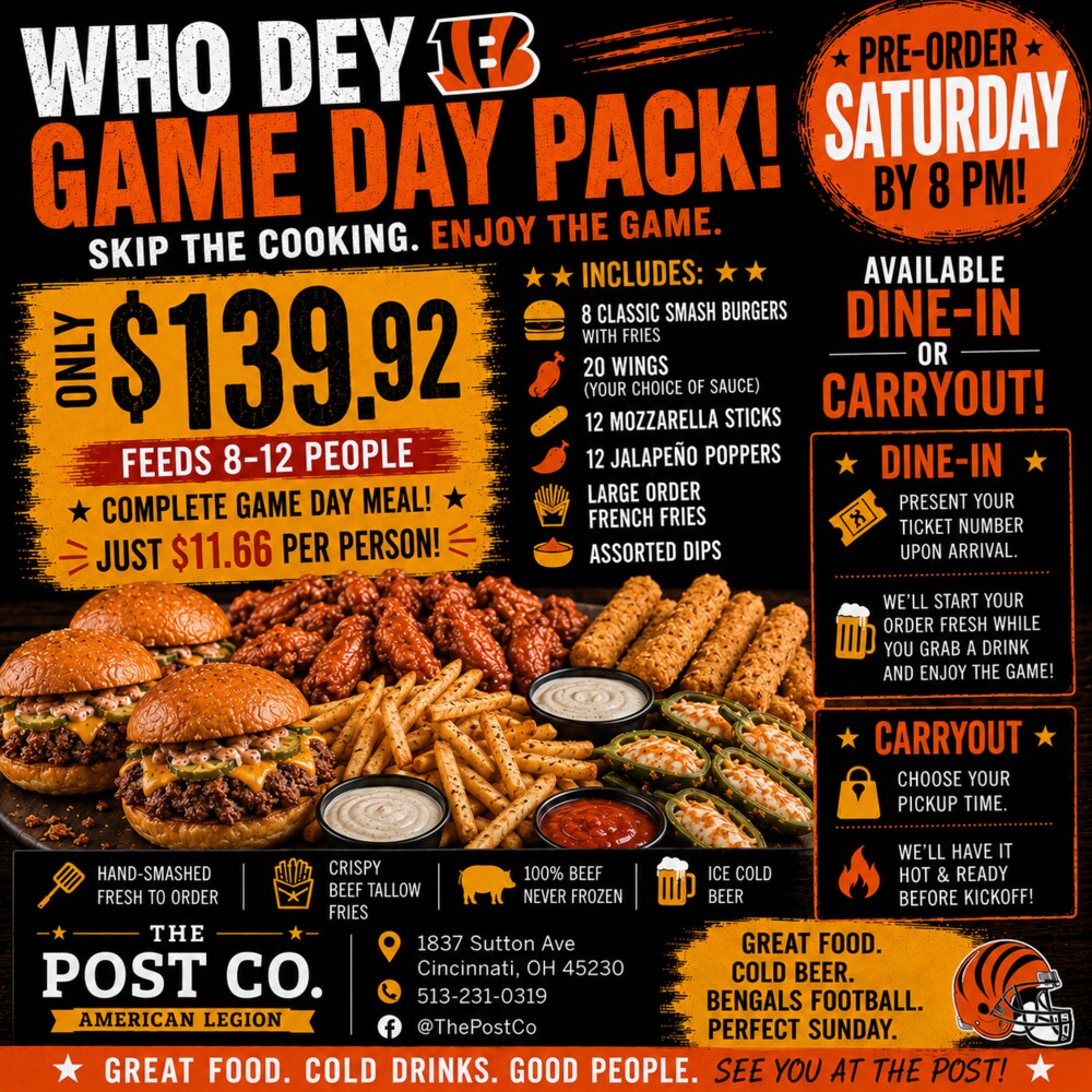 Game Day Pack for 8 to 12 people with burgers, fries, wings, and appetizers